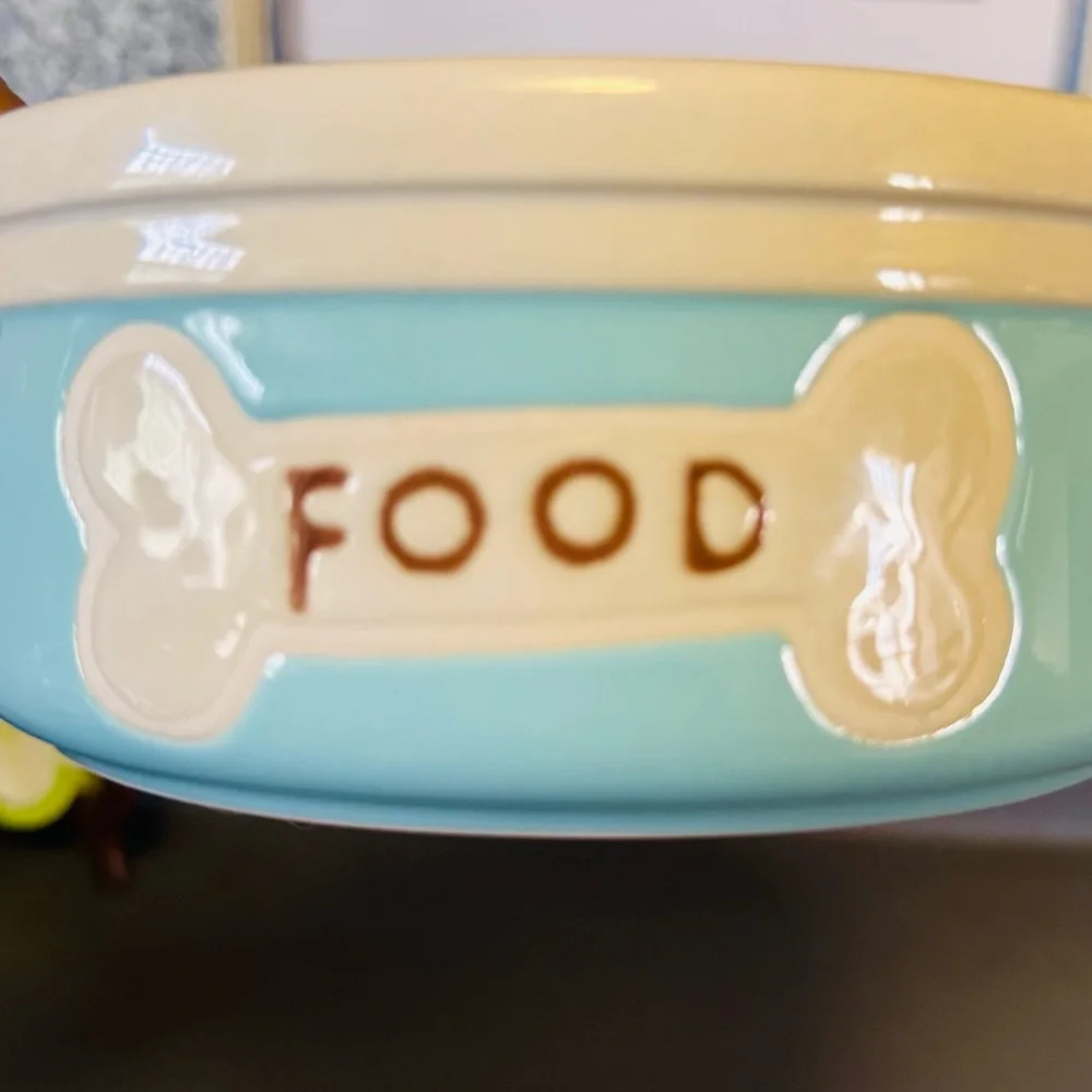 Ceramic Dog Bowl Blue White & Food, Brown Letters With Brown Bone Print